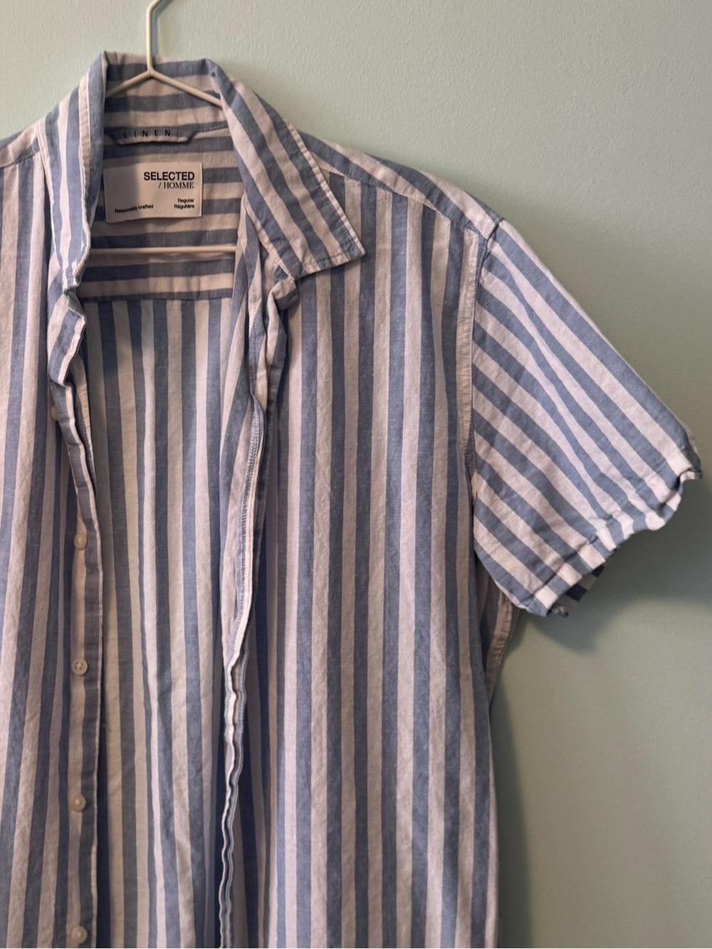 Selected Homme Linen Blue and White Striped Short-Sleeve Button-Down Shirt